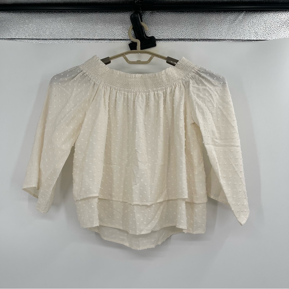 Club Monaco Silk Swiss Dot Tiered Off the Shoulder Blouse Top - Picture 2 of 14